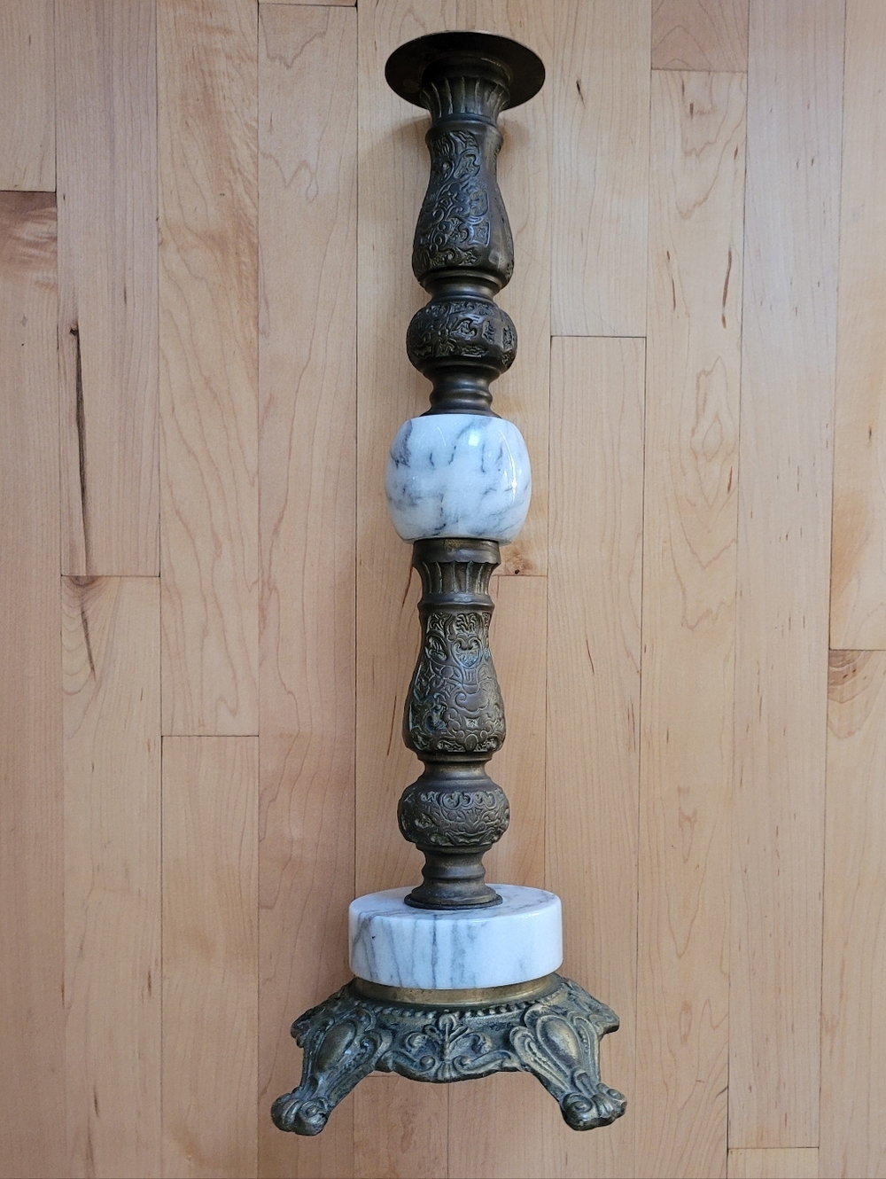 Vintage Brass & Marbled 22" Long Single Candle Holder 22 X 5